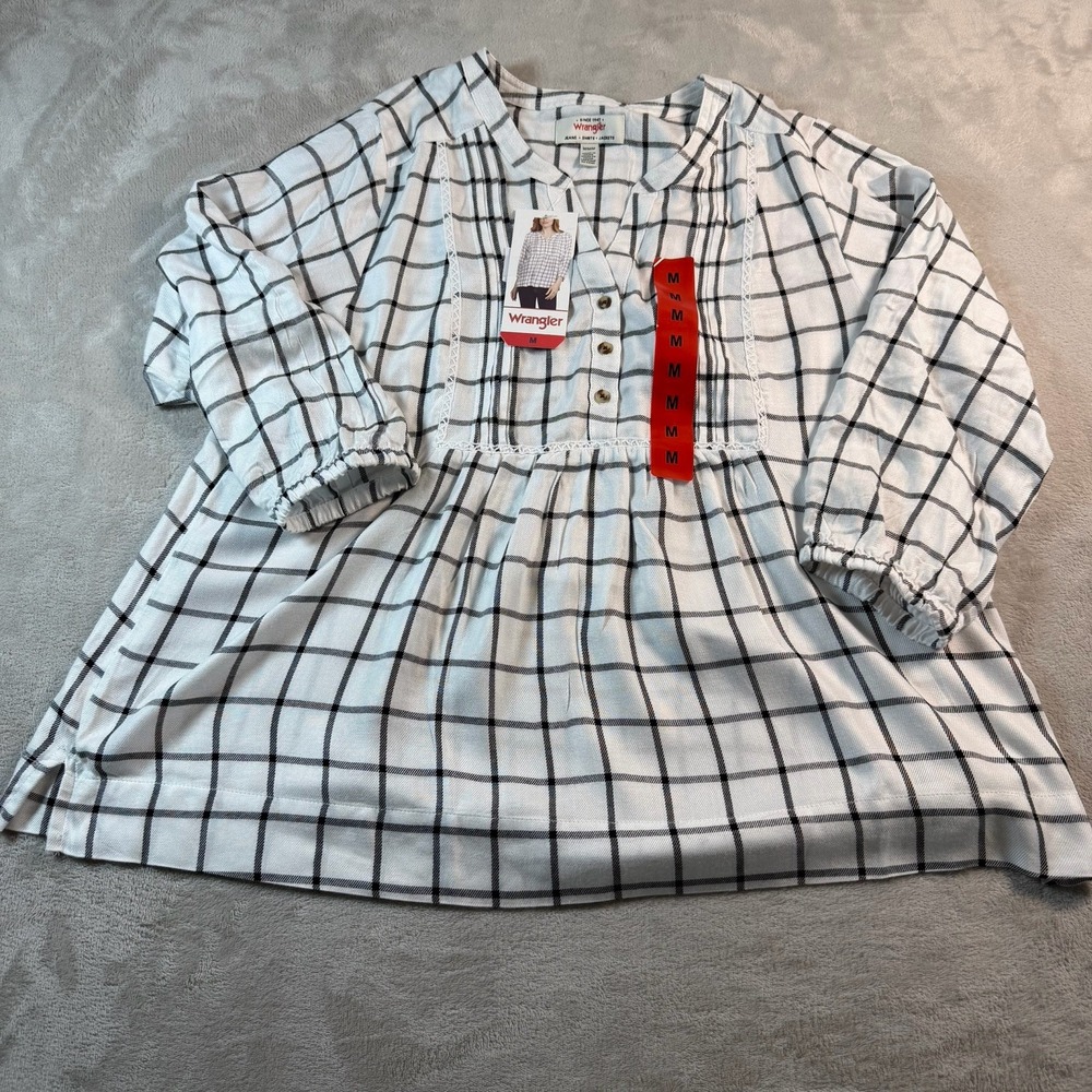 Wrangler Womens Plaid Blouse White Size M Western Cowgirl Cotton Long Sleeve
